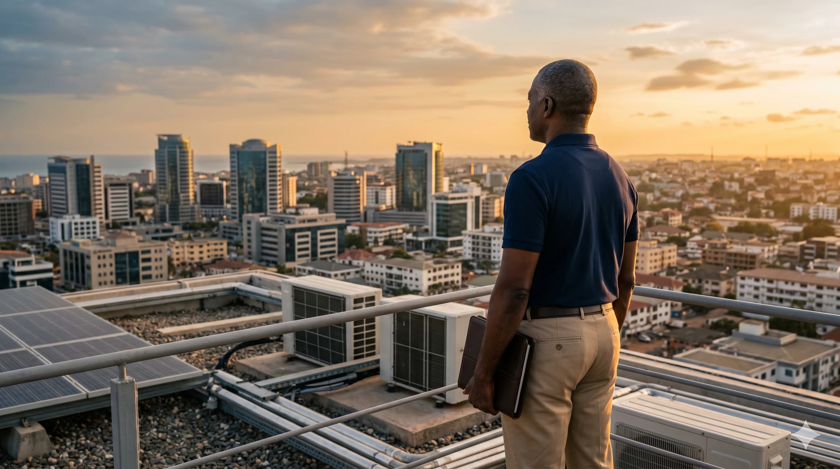 Senior engineer surveying Accra skyline at golden hour